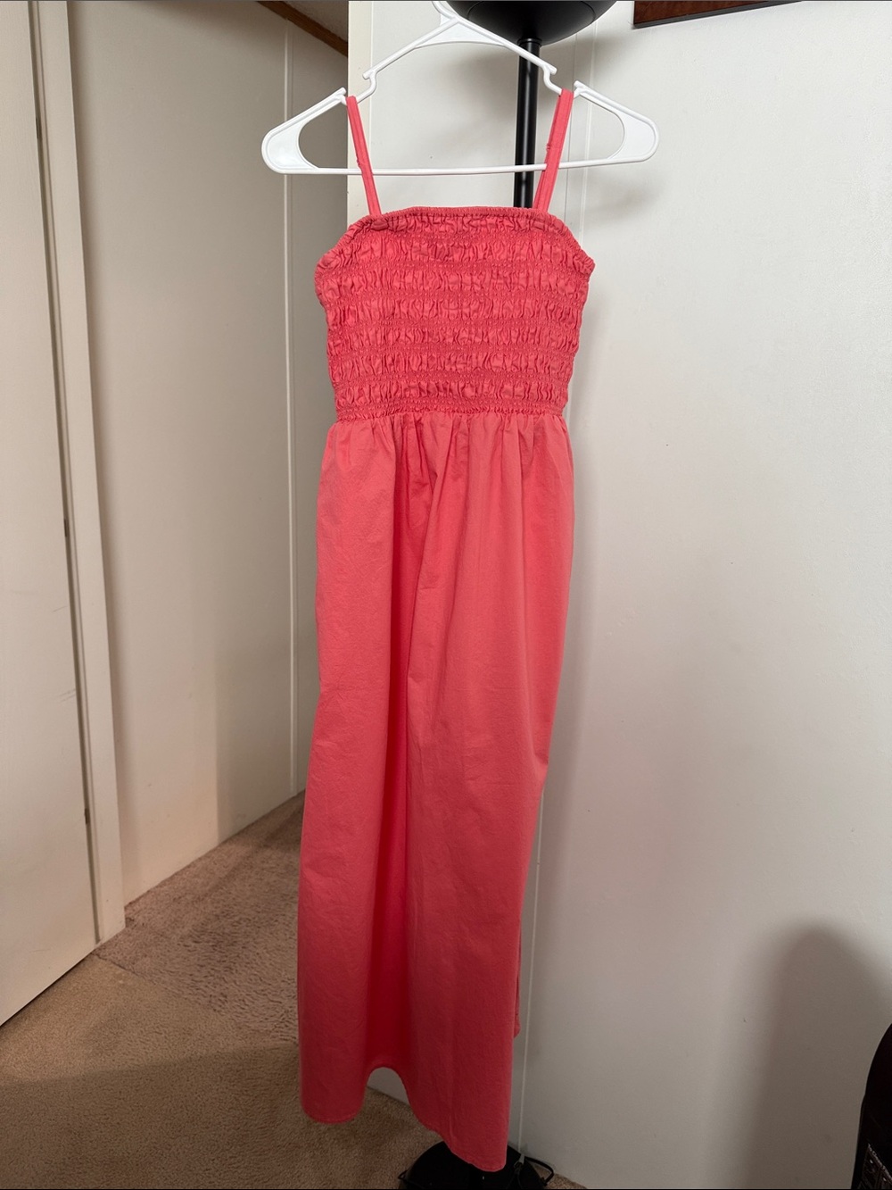 Strapless/Cami Smocked Coral Pink Cotton Midi Dress With Pockets